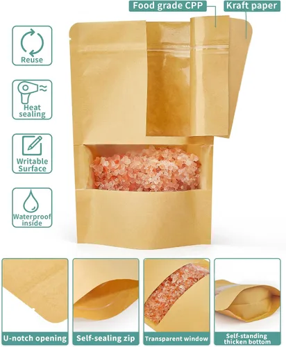Vista 3 de FireKylin 100 bolsas de papel marrón con ventana, bolsas de pie de 3.5 x 5.5 pulgadas, bolsas de almacenamiento de alimentos con cremallera