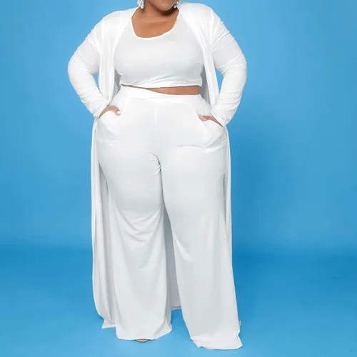 Vista 2 de Conjunto de 3 piezas de 3 piezas con cárdigan de talla grande y pantalones largos de pierna ancha
