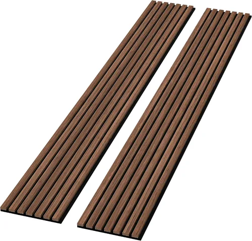 Vista 13 de Paquete de 2 paneles acústicos de pared de madera de 94 x 12.6 pulgadas, listones 3D insonorizados para paredes y techos, elegantes paneles Nogal