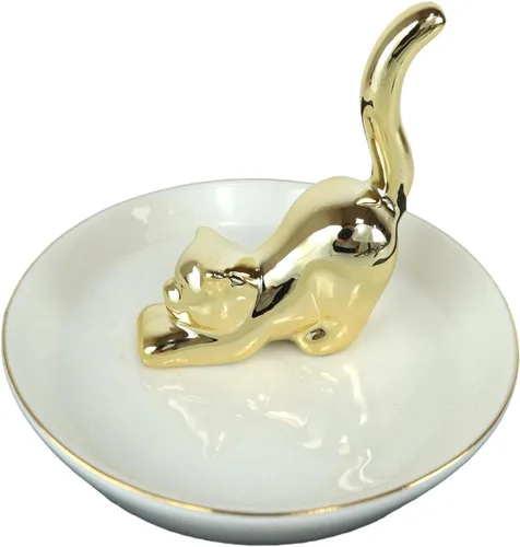 Vista 2 de Ebros - Figura de cerámica chapada en oro para anillo y joyero de porcelana de hueso y soporte para joyería, 4.5 pulgadas de alto, felino curiosidad