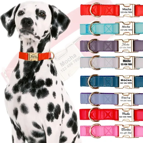 Vista 9 de Custom Large Dog Collar Solid Color Personalized Pet Collar Leather & Nylon Puppy Dogs ID Collars Engraved Name for Small Medium Large Dog