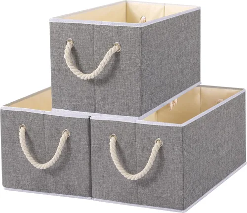 Vista 9 de Yawinhe Paquete de 3 cubos plegables de almacenamiento de tela, cubos plegables con asa de cuerda, organizadores grandes de armario para estantes