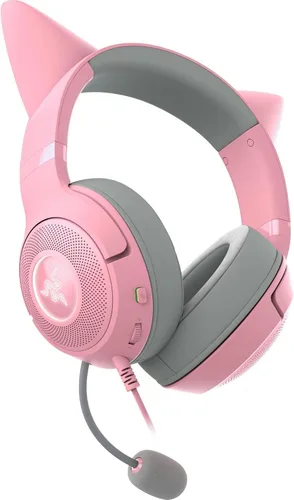 Vista 2 de Auriculares Razer Kraken Kitty V2 USB con cable RGB: Orejas Kitty Chroma - Iluminación reactiva para transmisión - Micrófono cardioide HyperClear