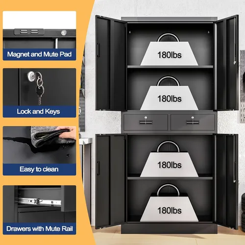Vista 4 de Wanfu Gabinete de almacenamiento de metal, gabinete de almacenamiento con bloqueo de 71 pulgadas con estantes ajustables y 2 cajones, gabinetes