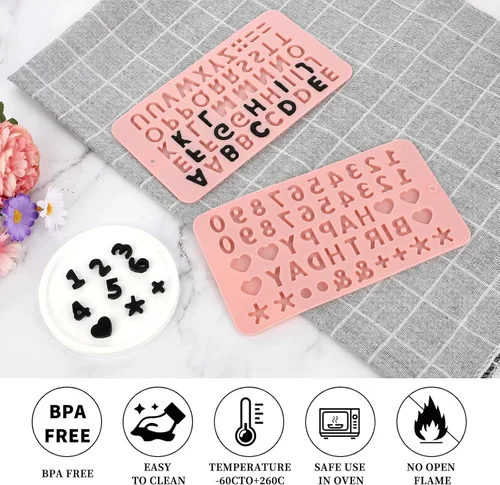 Vista 5 de 2 moldes de letras de silicona con números del alfabeto, moldes de caramelo de chocolate, antiadherentes, decoración de pasteles de feliz