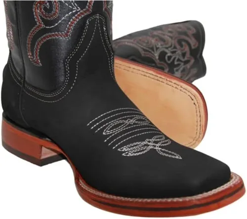 Vista 4 de Botas vaqueras de cuero genuino con punta cuadrada para hombre