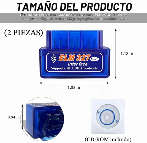Vista 2 de 2 piezas ELM327 OBDII Escáner de diagnóstico para coche, profesional mini ELM327 OBD2 Bluetooth herramienta de escaneo lector de códigos, interfaz