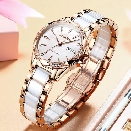 Vista 5 de OLEVS Relojes automáticos para mujer, reloj de cuerda automática para mujer, cerámica de acero inoxidable, relojes de pulsera mecánicos