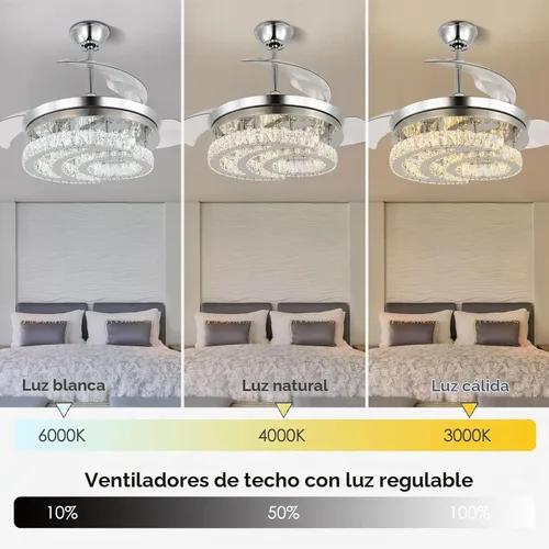 Vista 5 de FRIXCHUR 42" Ventiladores de techo de cristal con candelabro regulable LED, lámpara de araña retráctil en forma de luna con luces y control remoto