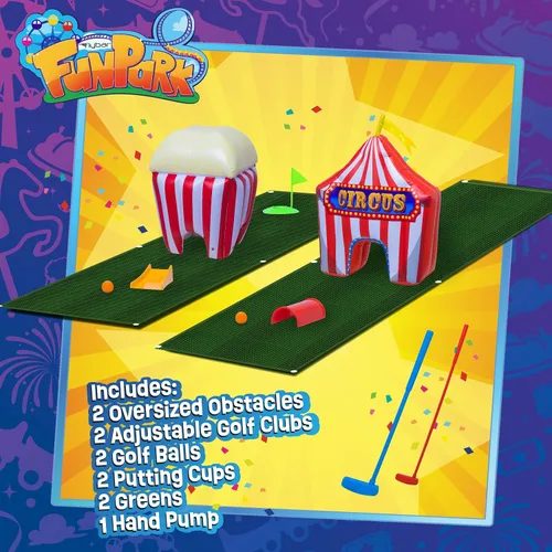Vista 4 de FunPark - Juego de minigolf inflable – Campo de 13 piezas con palos ajustables, pelotas, copas de putting, tapetes verdes y obstáculos temáticos
