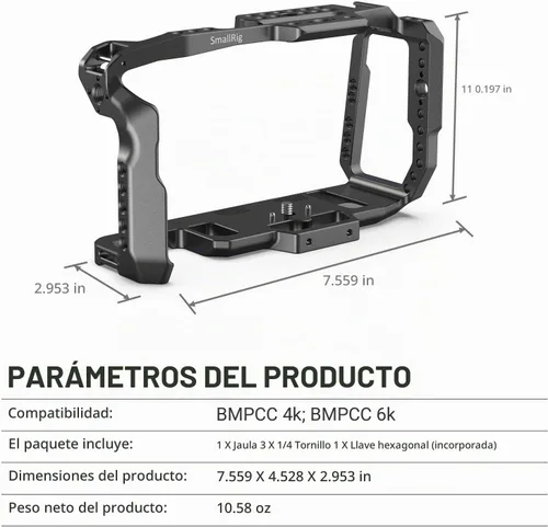 Vista 8 de SmallRig Jaula BMPCC 4K y 6K para Blackmagic con zapata fría, riel OTAN
