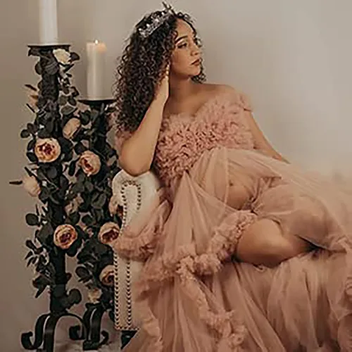 Vista 7 de Molisa Vestido de maternidad de tul para sesión de fotos, volantes hinchados, lencería nupcial, bata de baño, vestidos de embarazo transparentes