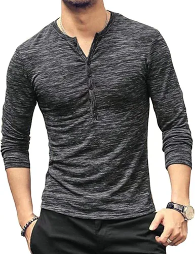 Vista 19 de KUYIGO Camisas Henley para hombre, estilo casual, ajustadas, básicas, de A01 Negro Puro