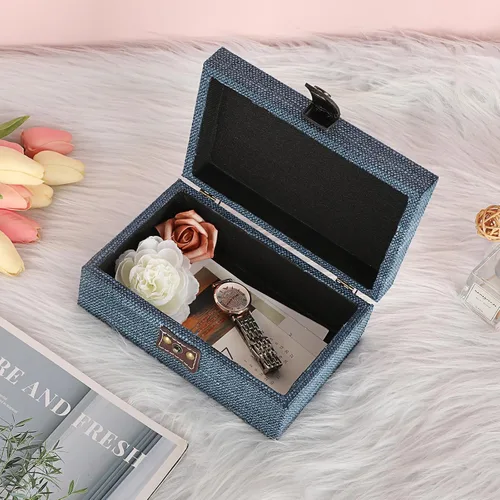 Vista 3 de Hipiwe Joyero de cofre del tesoro, caja decorativa de madera con cierre, caja de recuerdos cubierta de lino, caja de recuerdos rectangular