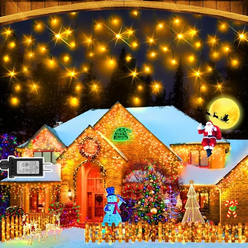 Vista 18 de Guirnalda de 400 luces LED con 75 gotas, de 33 pies, 8 modos de funcionamiento, de alambre transparente para decoración al aire libre, 400 modos