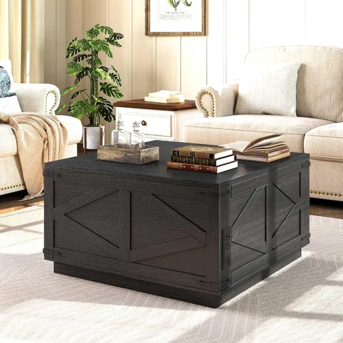 Vista 8 de Jocoevol Mesa auxiliar con tapa elevable, mesa central cuadrada de madera con iluminación LED, estación de carga USB-C y compartimento