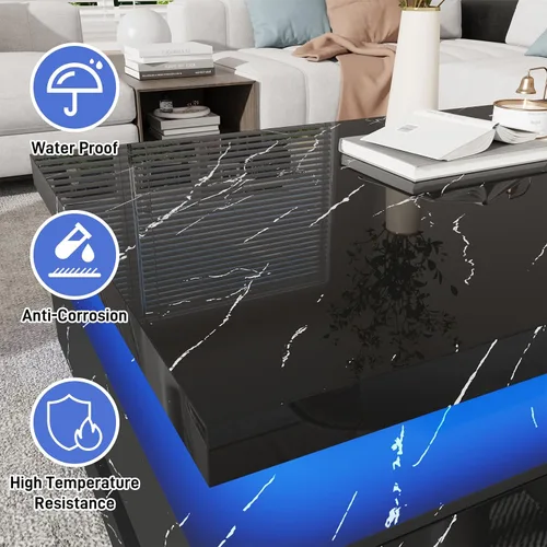 Vista 7 de Mesa auxiliar moderna de 47.2 pulgadas con alto brillo LED y 2 cajones deslizantes, mesas centrales de doble capa con luces LED para muebles de sala