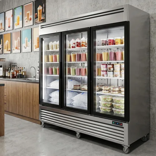 Vista 2 de Coolake Congelador comercial de 82 pulgadas, 3 puertas de vidrio, 72 pies cúbicos de acero inoxidable con luz LED, ventilador de -8 a 0 ℉