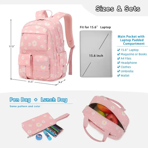 Vista 5 de Daisy - Mochila escolar para niñas, con lonchera, juego de bolsa de libros, mochilas para adolescentes y niñas