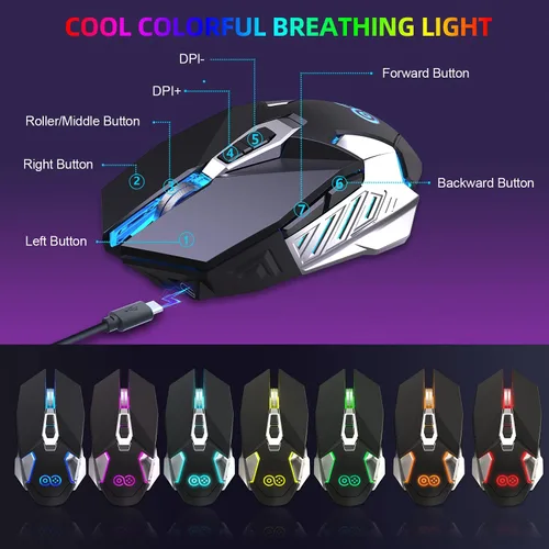 Vista 6 de Combo de teclado y mouse inalámbricos para juegos con retroiluminación LED arco iris, batería recargable de 4000 mAh, mecánica, ergonómica