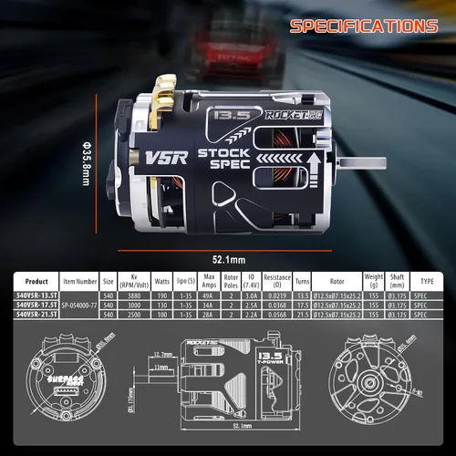 Vista 6 de Surpass Hobby 540 V5R 21.5T Motor sin escobillas con sensor, Motor RC de 2500kv de nivel de competición con eje de 5.0, ESPECIFICACIÓN Uso