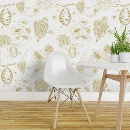 Vista 3 de Muestra de papel tapiz extraíble – Colmena de abeja Toile flores amarillas grandes mostaza oro abeja miel papel pintado personalizado pre-pegado por