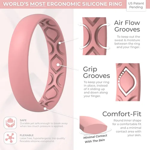 Vista 3 de ThunderFit Anillos de boda de silicona transpirables con patrón de eternidad para mujer, alianzas de aniversario de 0.157 in de ancho y 0.059 in