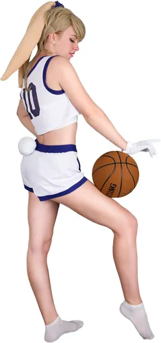 Vista 5 de Cosplay.fm Disfraz de conejito para mujer, atuendo completo con pantalones cortos, guantes de cola de conejo