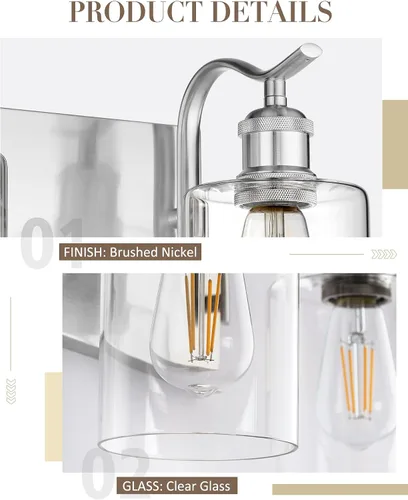 Vista 6 de Lámpara de tocador de baño de 3 luces, aplique de pared de níquel cepillado, lámpara de baño moderna con vidrio transparente, VL01BN-3 Níquel