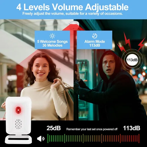 Vista 4 de Timbre de puerta con sensor de movimiento, funciona con pilas, sensor de movimiento para negocios, alarma inalámbrica con detector de movimiento