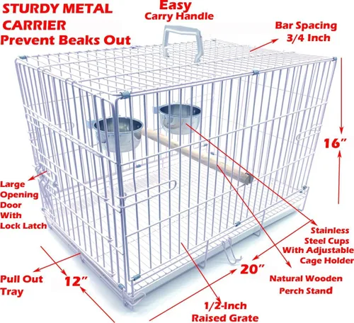 Vista 2 de Durable fácil portátil de metal de viaje o veterinario plegable loros aves jaula a prueba de mordeduras con comederos de acero inoxidable soporte