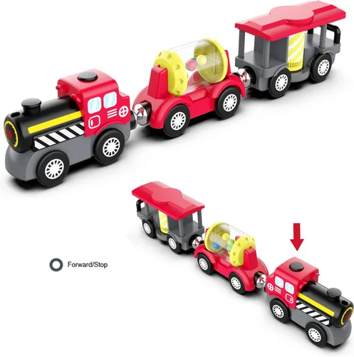 Vista 2 de Accesorios de madera para pistas de tren locomotora a pilas, juguete de tren magnético para niños pequeños, motor potente que celebra el tren, se