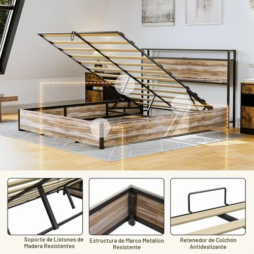 Vista 5 de IKIFLY Cama de almacenamiento elevable tamaño Queen, marco de cama de metal con estante de almacenamiento de 2 niveles y estación de carga, listones