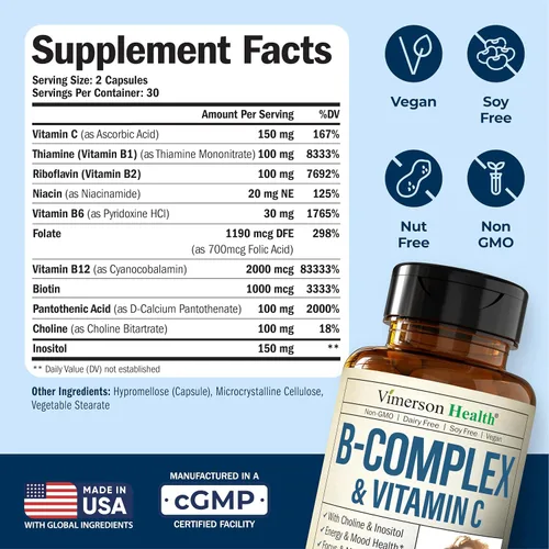 Vista 3 de Complejo de vitamina B con vitamina C y ácido fólico (Folato) - 8 vitaminas B de alta potencia: B1, B2, B3, B5, B6, B7, vitamina B12 + biotina