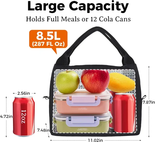 Vista 2 de Aosbos Bolsa de almuerzo negra con aislamiento térmico para mujer, lonchera para adultos, lonchera para mujeres, lonchera de mano, bolsa de almuerzo