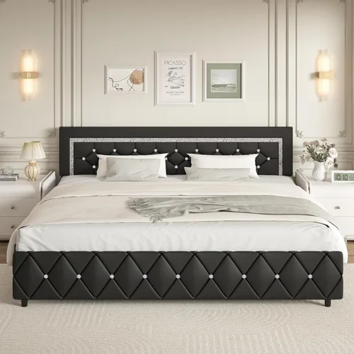 Vista 28 de BarnFurin Base de cama individual con cabecero, cama tapizada con diseño capitonado de diamante, marco de cama para niños con soporte de listones