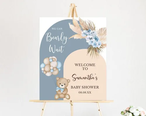 Vista 24 de Globo de aire caliente azul Boho Bear Can Bearly Wait Welcome Sign Decoración, descarga instantánea, letrero de plástico