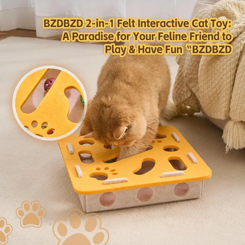 Vista 2 de Juguete interactivo de rompecabezas para gatos, caja de laberinto de fieltro con 3 bolas de cascabel para gatos de interior, estimulación mental