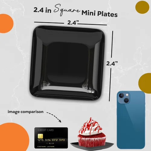 Vista 4 de Exquisite Mini platos de postre pequeños, paquete de 120 platos desechables negros de 2.4 x 2.4 pulgadas, pequeños de plástico sin BPA para bodas