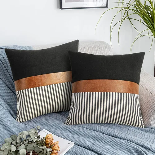Vista 12 de Cygnus - Juego de 2 fundas de almohada de 16 x 16 pulgadas hechas de lino y de la unión de distintas telas con diseño de rayas para decoración Negro