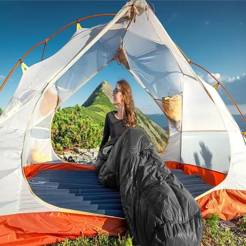 Vista 6 de Saco de dormir estándar con capucha para adultos 4 estaciones, cálido o frío, ligero, para interiores y exteriores, sacos de dormir para mochileros