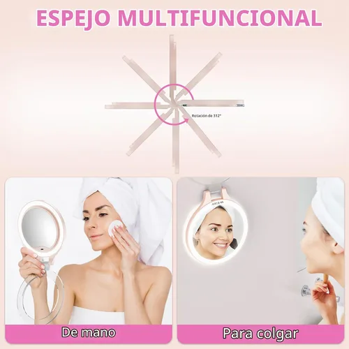 Vista 5 de WEILY Espejo de maquillaje con aumento 10X/1X, espejo de viaje con luz rosado (451-pink)