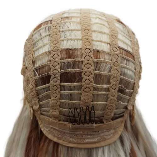 Vista 7 de Peluca de cabello sintético con encaje frontal, ondulado, largo, de 26 pulgadas, mezcla de castaño rojizo, densidad pesada, resistente al calor