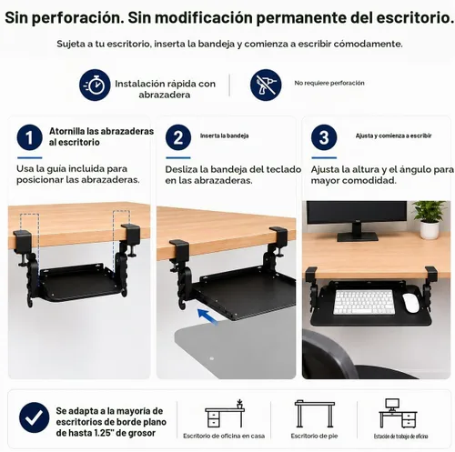 Vista 6 de Bandeja ergonómica para teclado debajo del escritorio con abrazadera deslizante (negro)