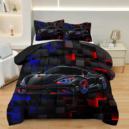 Vista 10 de Juego de Ropa de Cama Individual para Niños con Coches de Carrera, Juego de Edredón de Tamaño Individual con Coche Deportivo Azul para Niños, Juego