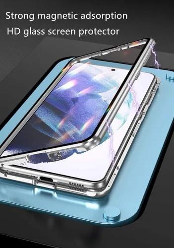 Vista 3 de Funda para Galaxy S21 con bloqueo de seguridad + adsorción magnética, vidrio templado de doble cara, a prueba de golpes, parachoques de aluminio