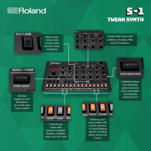 Vista 11 de Roland AIRA Compact S-1 Tweak Synth Micro polisintetizador ultraportátil con herramientas avanzadas Control de sonido D-Motion