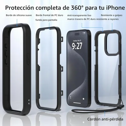 Vista 3 de WXR Compatible con iPhone 15 Pro, parachoques de silicona suave y parte trasera de policarbonato duro transparente e interior de policarbonato duro