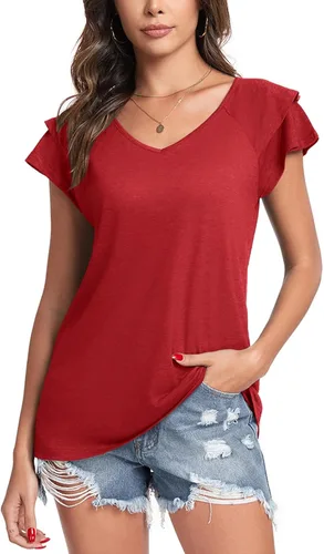 Vista 4 de Poetsky Camisas de verano para mujer, estilo casual, cuello en V, manga corta, ajuste holgado