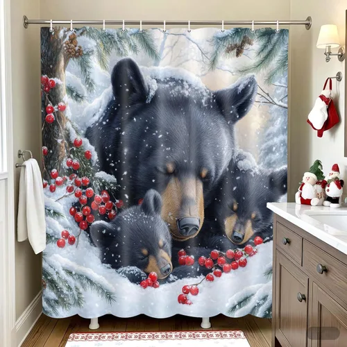 Vista 2 de Wathon Cortina de Ducha de Oso Negro de Invierno Escena Nevada Cortina de Baño con Osos Abrazándose Rodeados de Nieve y Bayas Rojas, Decoración